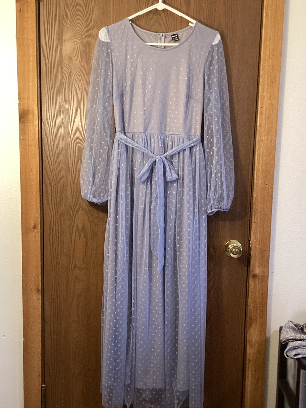 SHEIN Light Blue Polka Dot Maxi Dress with Waist Tie